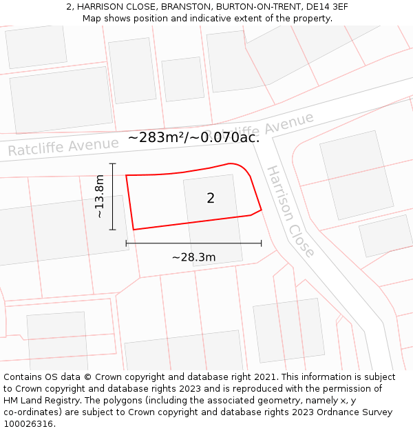 2, HARRISON CLOSE, BRANSTON, BURTON-ON-TRENT, DE14 3EF: Plot and title map