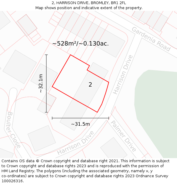 2, HARRISON DRIVE, BROMLEY, BR1 2FL: Plot and title map