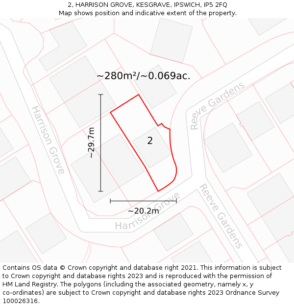 2, HARRISON GROVE, KESGRAVE, IPSWICH, IP5 2FQ: Plot and title map