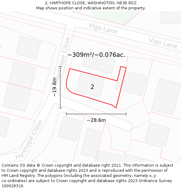 2, HARTHOPE CLOSE, WASHINGTON, NE38 9DZ: Plot and title map