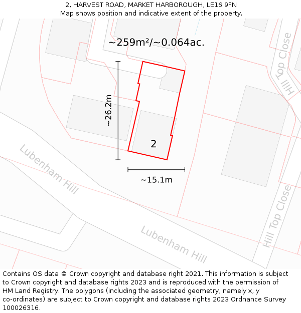 2, HARVEST ROAD, MARKET HARBOROUGH, LE16 9FN: Plot and title map
