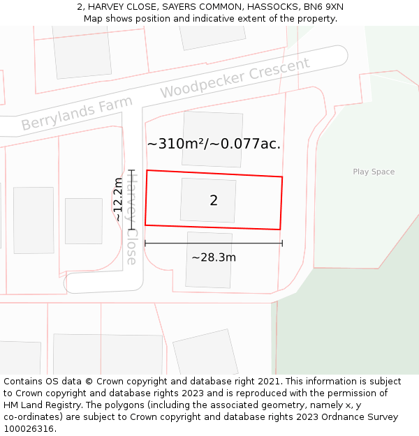 2, HARVEY CLOSE, SAYERS COMMON, HASSOCKS, BN6 9XN: Plot and title map