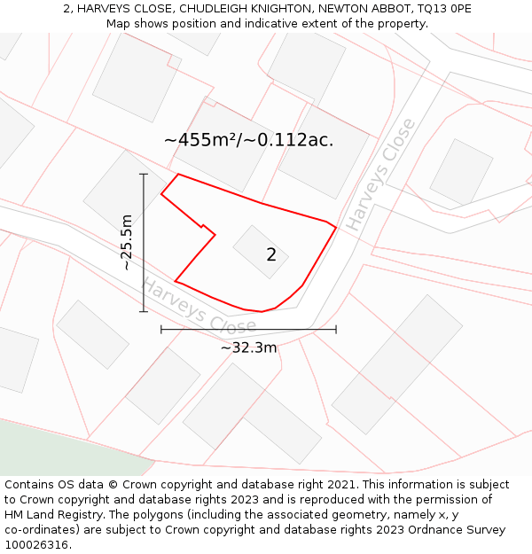 2, HARVEYS CLOSE, CHUDLEIGH KNIGHTON, NEWTON ABBOT, TQ13 0PE: Plot and title map