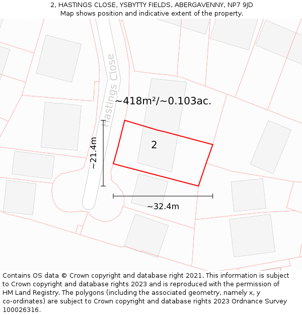 2, HASTINGS CLOSE, YSBYTTY FIELDS, ABERGAVENNY, NP7 9JD: Plot and title map