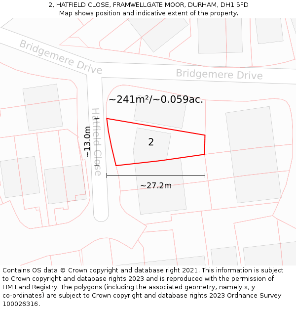 2, HATFIELD CLOSE, FRAMWELLGATE MOOR, DURHAM, DH1 5FD: Plot and title map
