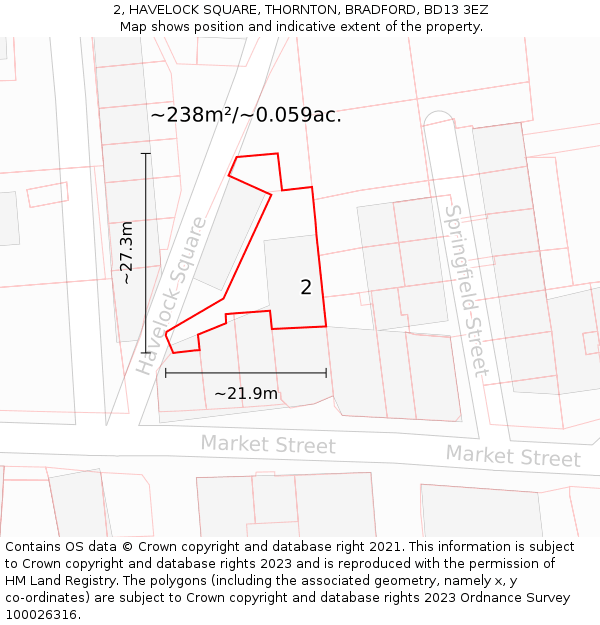 2, HAVELOCK SQUARE, THORNTON, BRADFORD, BD13 3EZ: Plot and title map