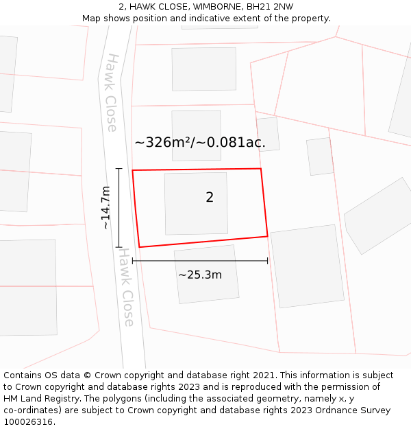 2, HAWK CLOSE, WIMBORNE, BH21 2NW: Plot and title map