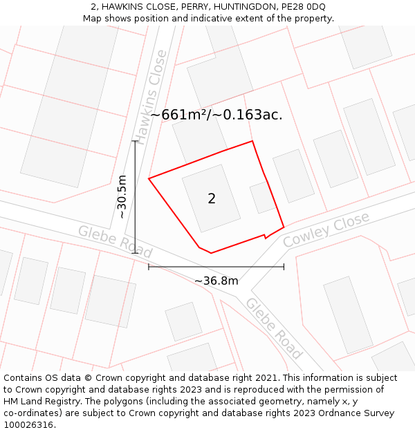 2, HAWKINS CLOSE, PERRY, HUNTINGDON, PE28 0DQ: Plot and title map