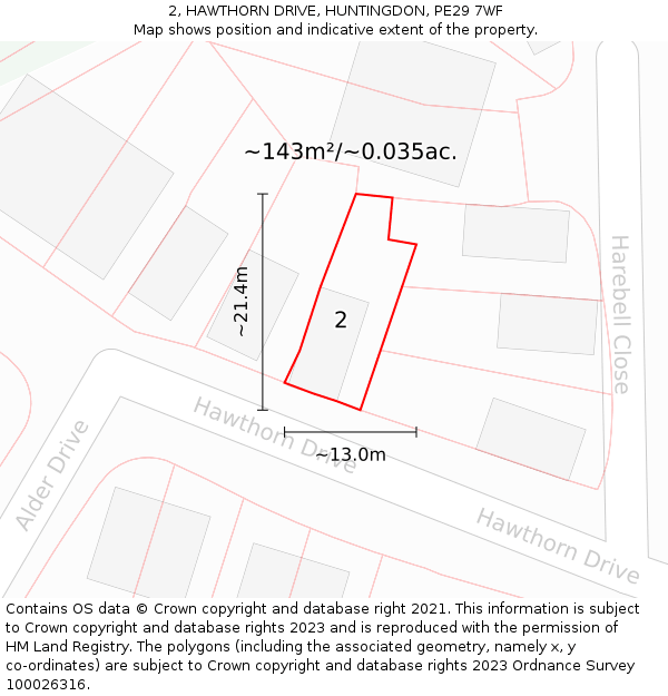 2, HAWTHORN DRIVE, HUNTINGDON, PE29 7WF: Plot and title map