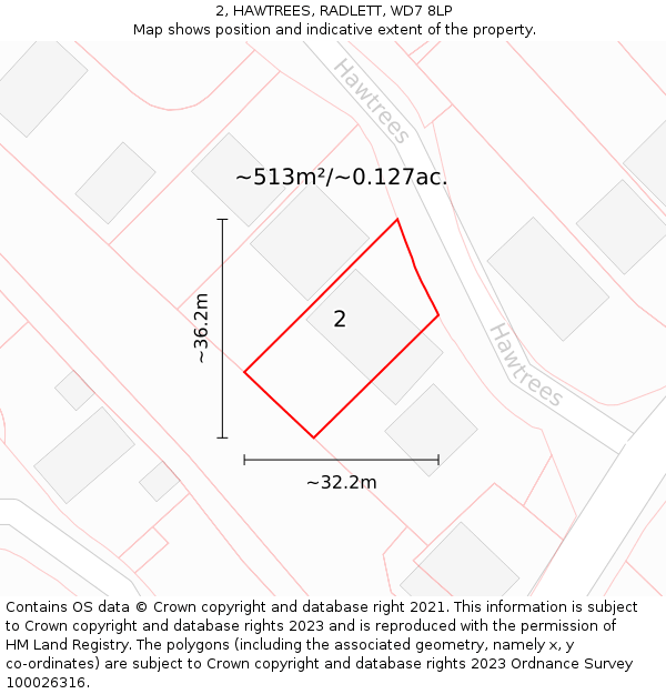 2, HAWTREES, RADLETT, WD7 8LP: Plot and title map