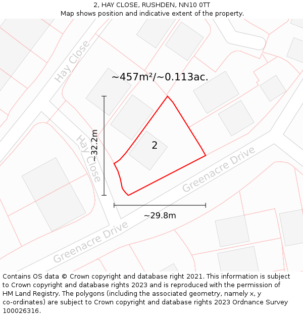 2, HAY CLOSE, RUSHDEN, NN10 0TT: Plot and title map