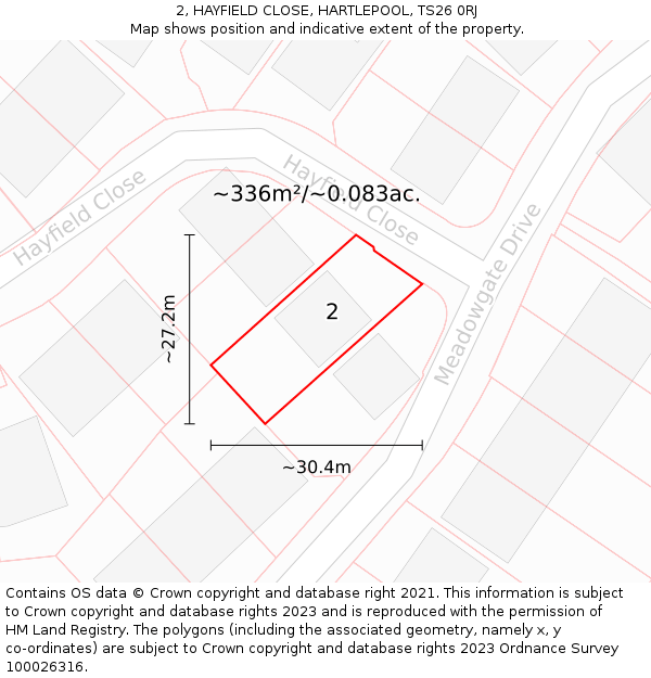 2, HAYFIELD CLOSE, HARTLEPOOL, TS26 0RJ: Plot and title map