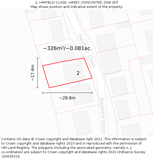 2, HAYFIELD CLOSE, HAXEY, DONCASTER, DN9 2NT: Plot and title map