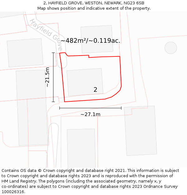 2, HAYFIELD GROVE, WESTON, NEWARK, NG23 6SB: Plot and title map