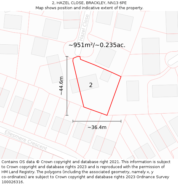 2, HAZEL CLOSE, BRACKLEY, NN13 6PE: Plot and title map