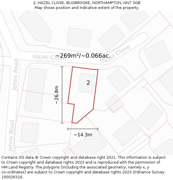 2, HAZEL CLOSE, BUGBROOKE, NORTHAMPTON, NN7 3GB: Plot and title map