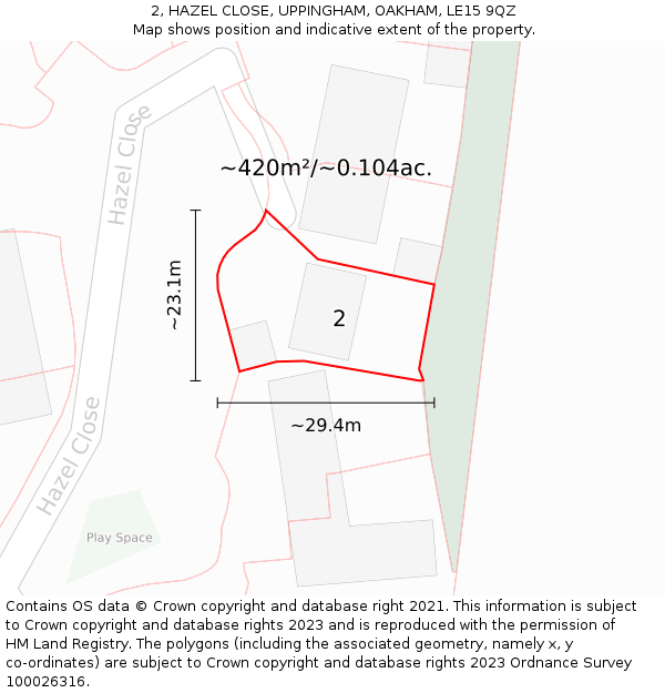 2, HAZEL CLOSE, UPPINGHAM, OAKHAM, LE15 9QZ: Plot and title map