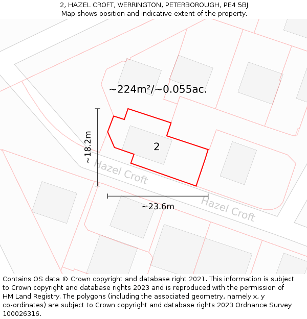 2, HAZEL CROFT, WERRINGTON, PETERBOROUGH, PE4 5BJ: Plot and title map