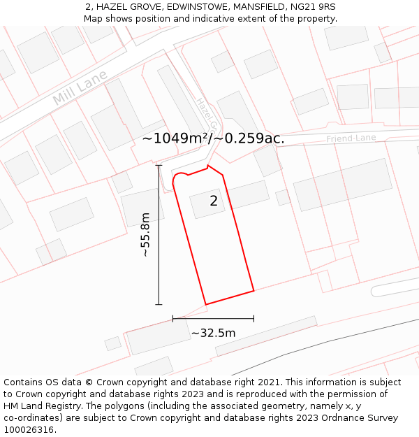 2, HAZEL GROVE, EDWINSTOWE, MANSFIELD, NG21 9RS: Plot and title map