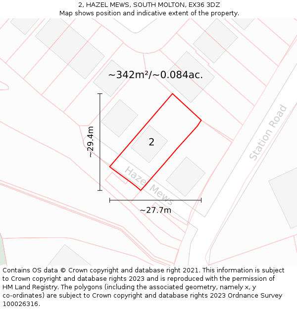 2, HAZEL MEWS, SOUTH MOLTON, EX36 3DZ: Plot and title map