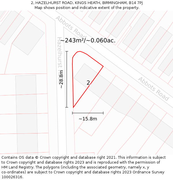 2, HAZELHURST ROAD, KINGS HEATH, BIRMINGHAM, B14 7PJ: Plot and title map