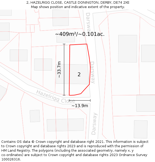 2, HAZELRIGG CLOSE, CASTLE DONINGTON, DERBY, DE74 2XE: Plot and title map
