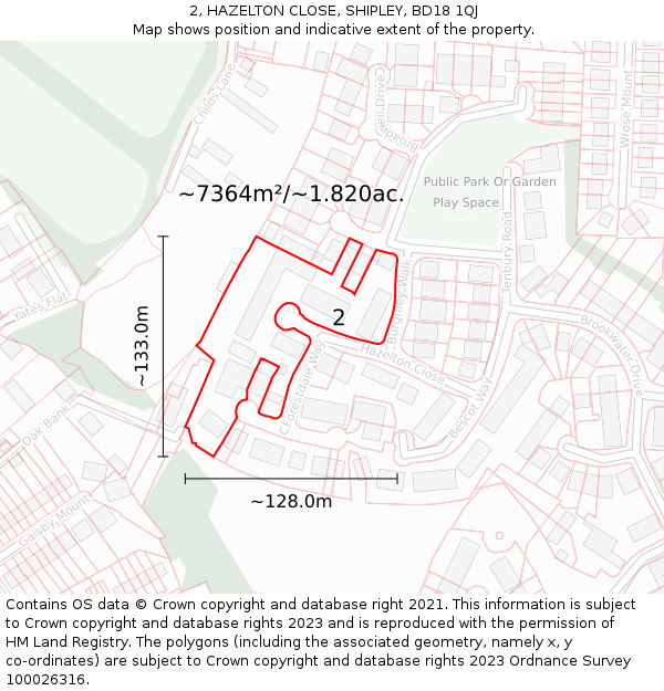 2, HAZELTON CLOSE, SHIPLEY, BD18 1QJ: Plot and title map