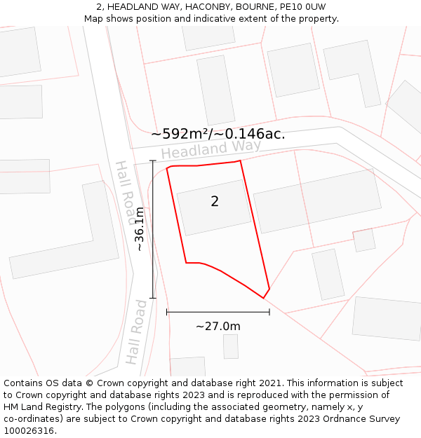 2, HEADLAND WAY, HACONBY, BOURNE, PE10 0UW: Plot and title map