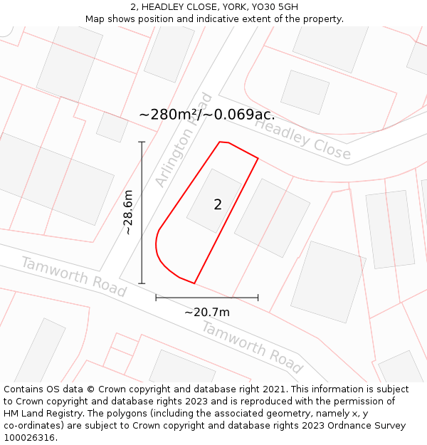 2, HEADLEY CLOSE, YORK, YO30 5GH: Plot and title map