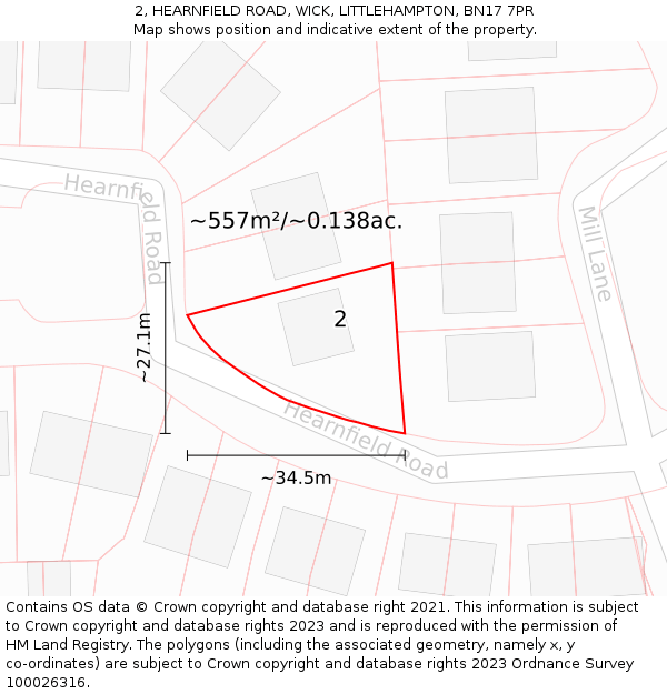 2, HEARNFIELD ROAD, WICK, LITTLEHAMPTON, BN17 7PR: Plot and title map