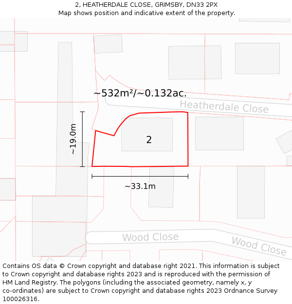 2, HEATHERDALE CLOSE, GRIMSBY, DN33 2PX: Plot and title map