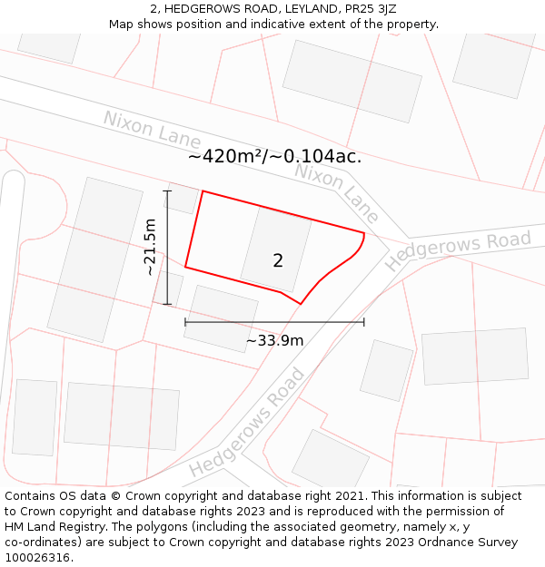 2, HEDGEROWS ROAD, LEYLAND, PR25 3JZ: Plot and title map