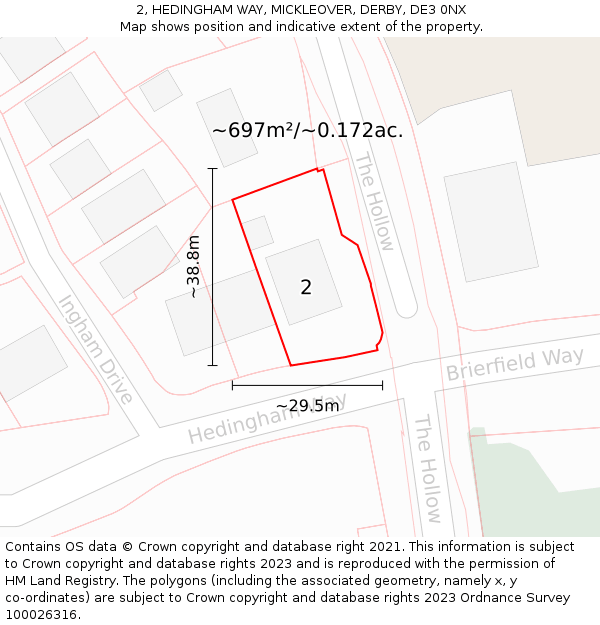 2, HEDINGHAM WAY, MICKLEOVER, DERBY, DE3 0NX: Plot and title map