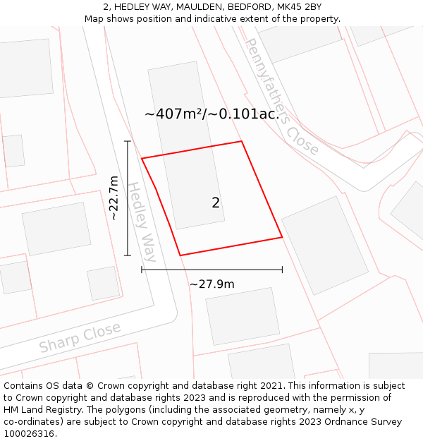 2, HEDLEY WAY, MAULDEN, BEDFORD, MK45 2BY: Plot and title map