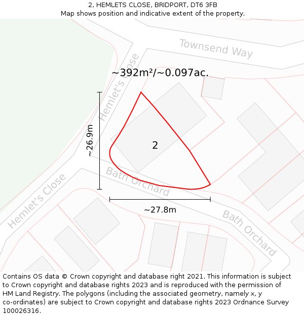 2, HEMLETS CLOSE, BRIDPORT, DT6 3FB: Plot and title map
