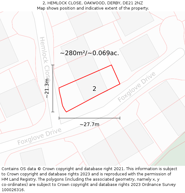 2, HEMLOCK CLOSE, OAKWOOD, DERBY, DE21 2NZ: Plot and title map