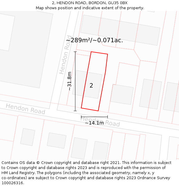 2, HENDON ROAD, BORDON, GU35 0BX: Plot and title map