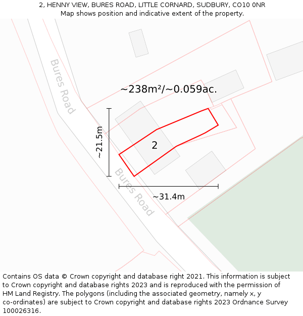 2, HENNY VIEW, BURES ROAD, LITTLE CORNARD, SUDBURY, CO10 0NR: Plot and title map