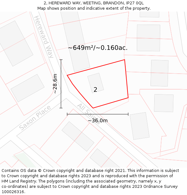 2, HEREWARD WAY, WEETING, BRANDON, IP27 0QL: Plot and title map