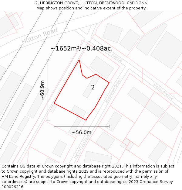 2, HERINGTON GROVE, HUTTON, BRENTWOOD, CM13 2NN: Plot and title map