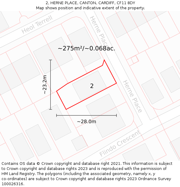 2, HERNE PLACE, CANTON, CARDIFF, CF11 8DY: Plot and title map