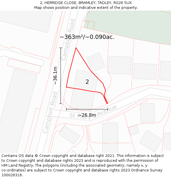 2, HERRIDGE CLOSE, BRAMLEY, TADLEY, RG26 5UX: Plot and title map