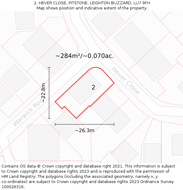2, HEVER CLOSE, PITSTONE, LEIGHTON BUZZARD, LU7 9FH: Plot and title map
