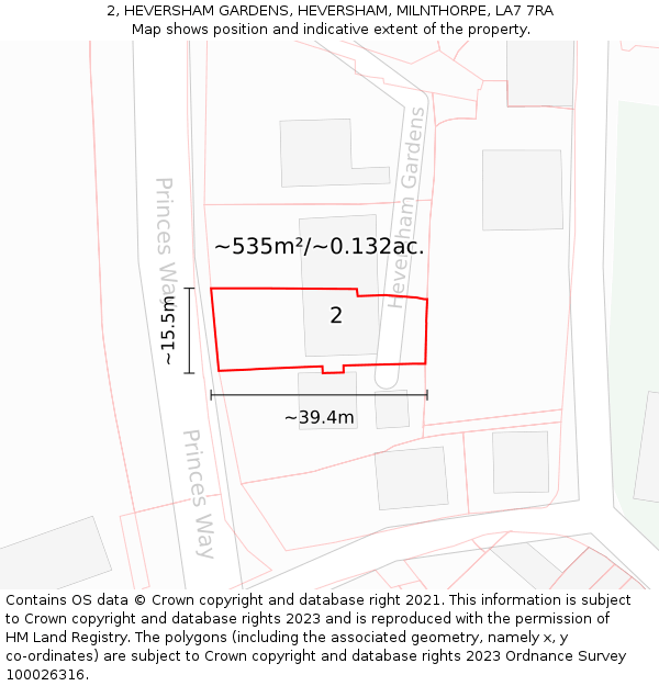 2, HEVERSHAM GARDENS, HEVERSHAM, MILNTHORPE, LA7 7RA: Plot and title map