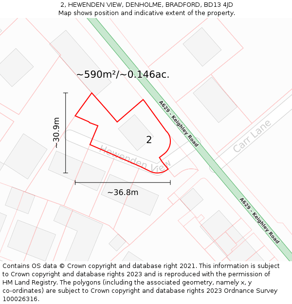 2, HEWENDEN VIEW, DENHOLME, BRADFORD, BD13 4JD: Plot and title map
