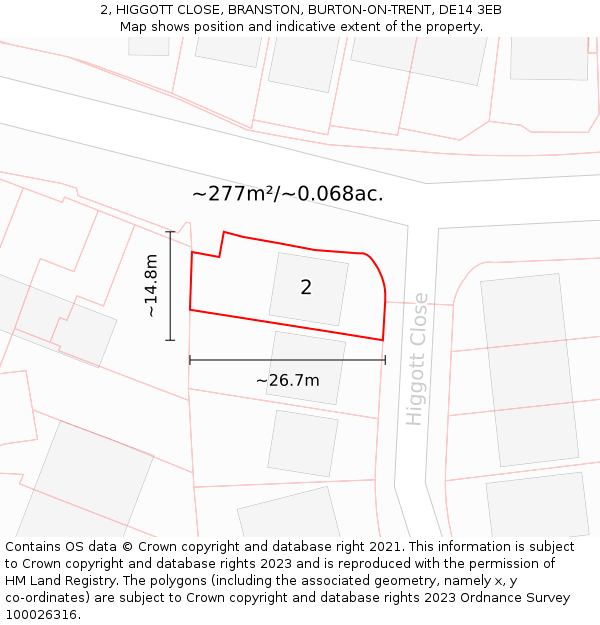 2, HIGGOTT CLOSE, BRANSTON, BURTON-ON-TRENT, DE14 3EB: Plot and title map