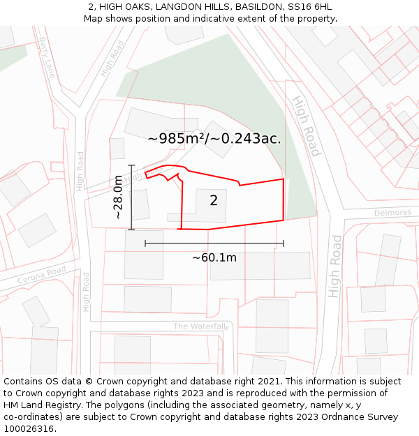2, HIGH OAKS, LANGDON HILLS, BASILDON, SS16 6HL: Plot and title map