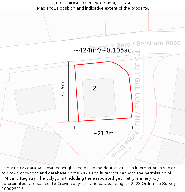 2, HIGH RIDGE DRIVE, WREXHAM, LL14 4JD: Plot and title map