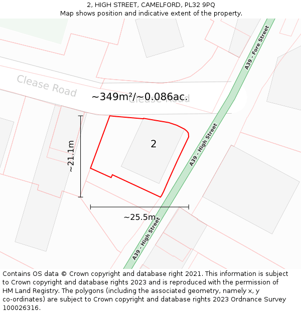 2, HIGH STREET, CAMELFORD, PL32 9PQ: Plot and title map