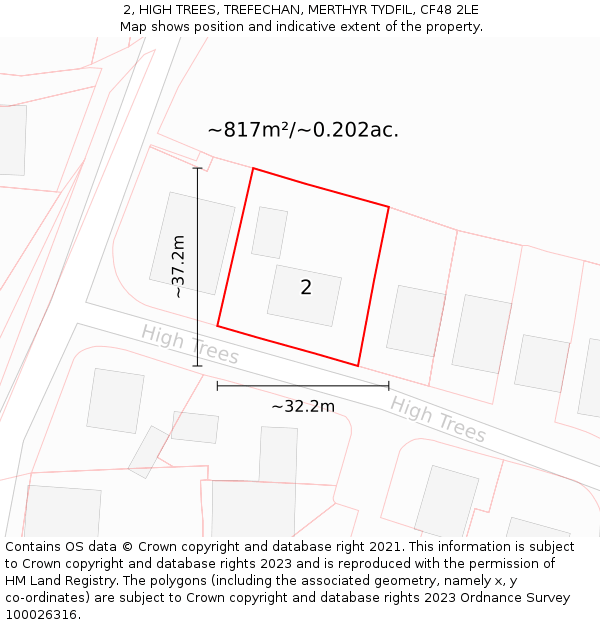 2, HIGH TREES, TREFECHAN, MERTHYR TYDFIL, CF48 2LE: Plot and title map